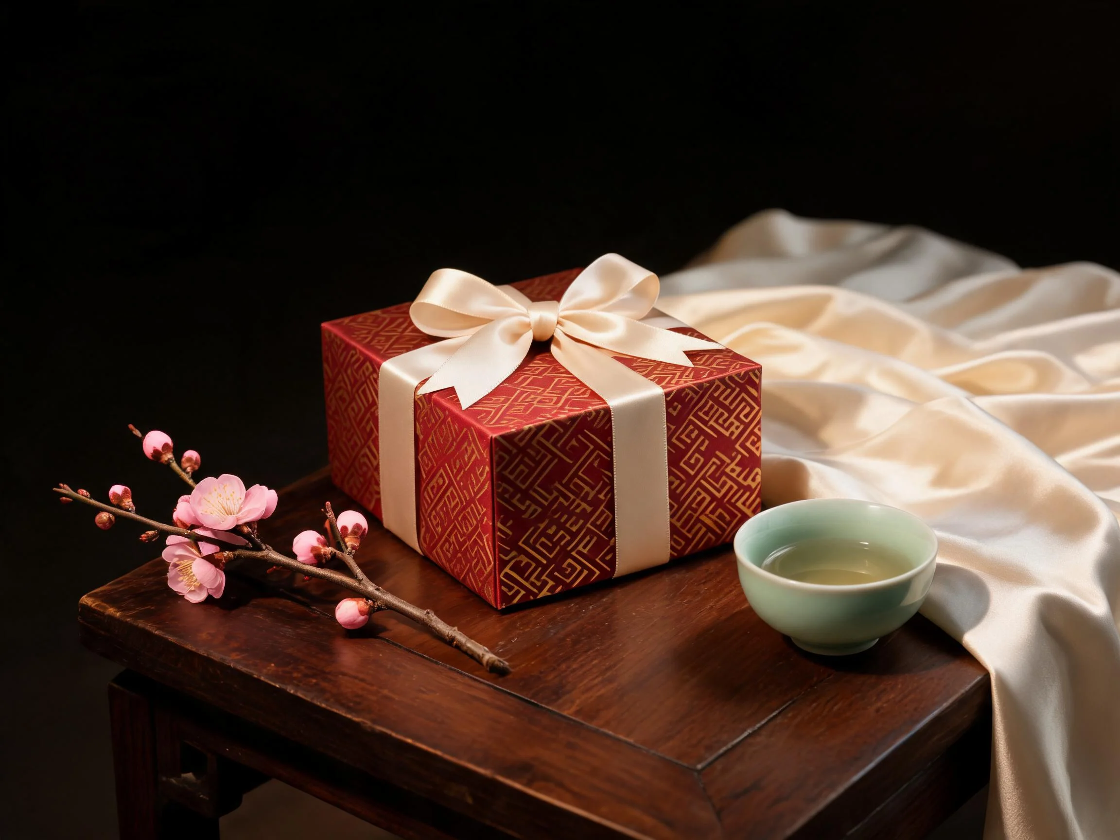 东方礼盒与梅枝静物